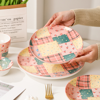 Set de veselă ceramică: boluri pentru orez și farfurii adânci, design multicolor sub glazură, rezistent la temperaturi înalte, 36 de piese