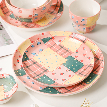 Set de veselă ceramică: boluri pentru orez și farfurii adânci, design multicolor sub glazură, rezistent la temperaturi înalte, 36 de piese