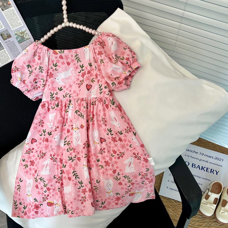 Детска рокля от вискоза с флорален принт, принцес стил, къс ръкав, А-линия, за момичета 3–8 години