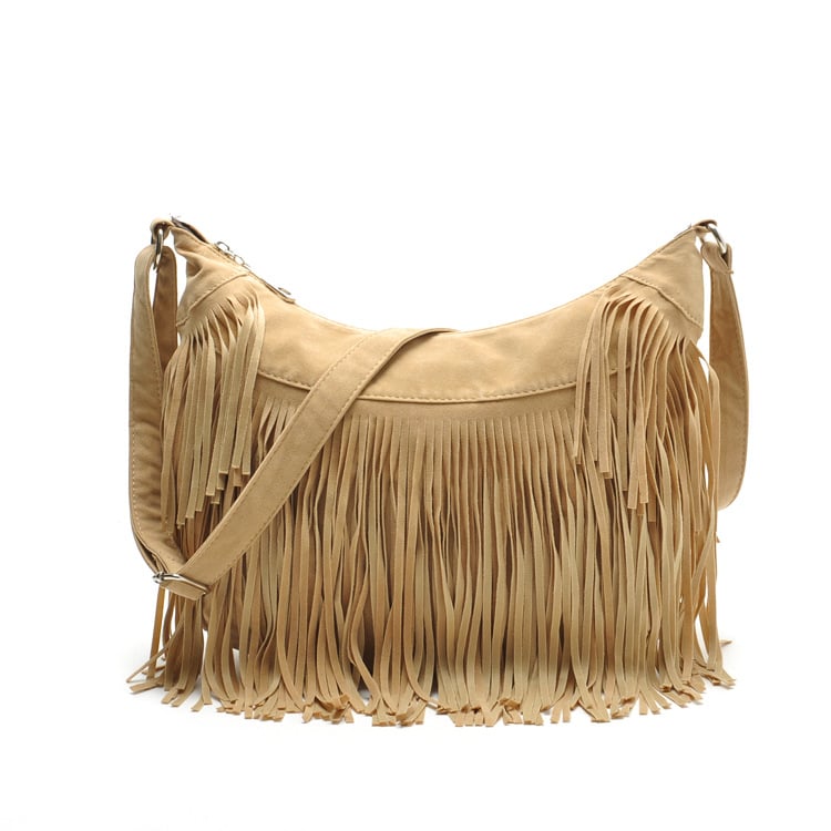 Ženska torbica s resicama, crossbody, stil sedla