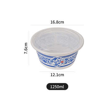 Cutie rotundă de prânz din plastic, cu capac, model albastru-alb de porțelan, îngroșată, pentru alimente, pentru livrare și uz casnic, compatibilă cu cuptorul cu microunde