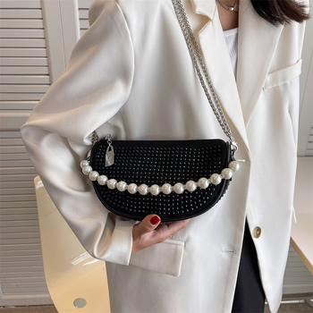 Ženska torba s kristalima i lancem s biserima, stil torbe tipa sedlo, srednja veličina