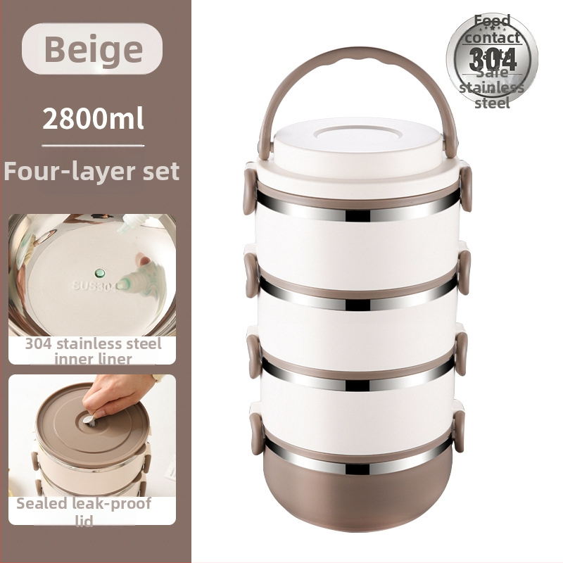 Cutie pentru prânz din oțel inoxidabil 304, design rotund, portabil, izolație în mai multe niveluri, mare capacitate