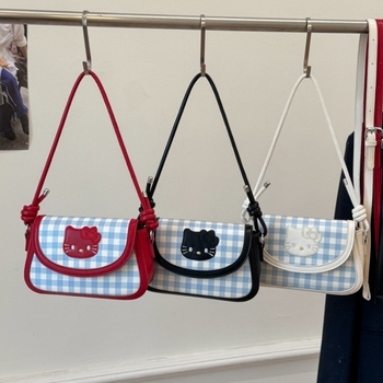 Ženska saddle torba od platna s kariranim uzorkom i motivom mačke, kompaktna kvadratna crossbody torba