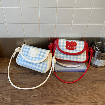 Ženska saddle torba od platna s kariranim uzorkom i motivom mačke, kompaktna kvadratna crossbody torba