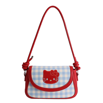 Ženska saddle torba od platna s kariranim uzorkom i motivom mačke, kompaktna kvadratna crossbody torba