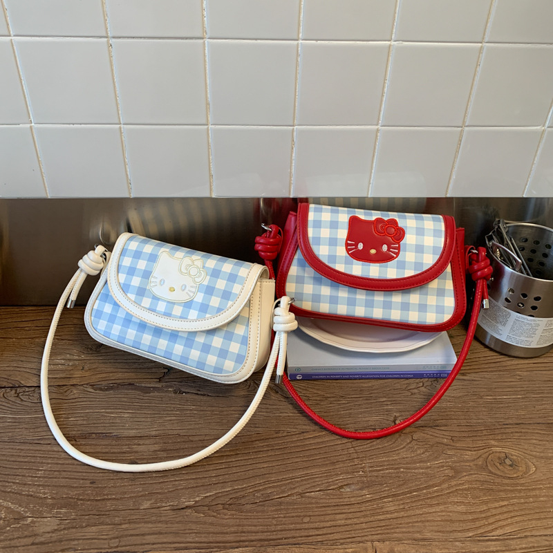 Ženska saddle torba od platna s kariranim uzorkom i motivom mačke, kompaktna kvadratna crossbody torba