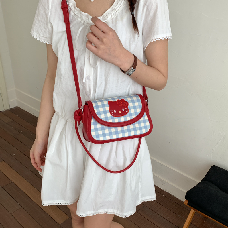 Ženska saddle torba od platna s kariranim uzorkom i motivom mačke, kompaktna kvadratna crossbody torba