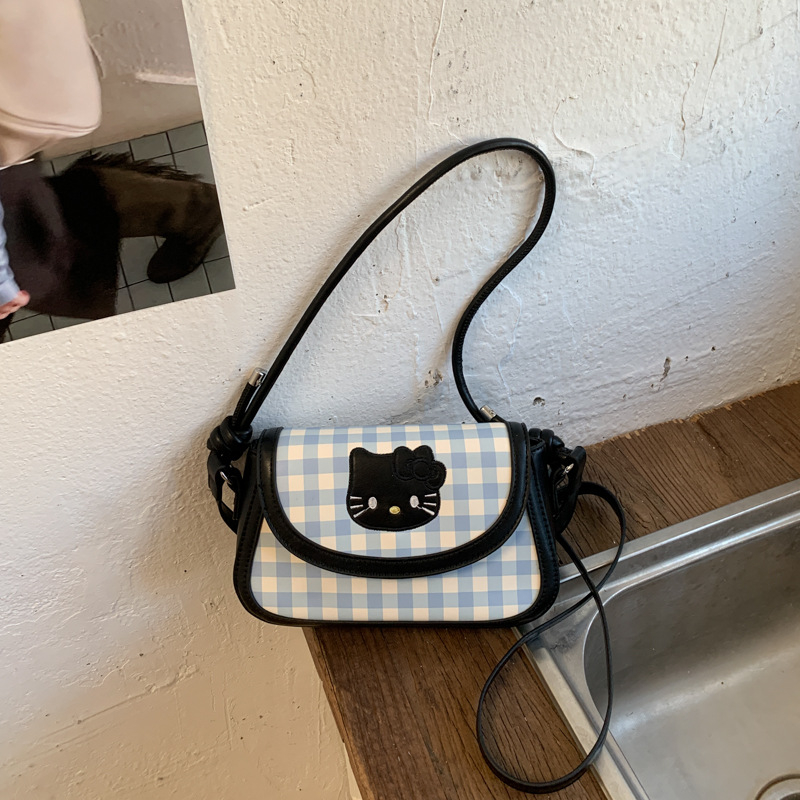 Ženska saddle torba od platna s kariranim uzorkom i motivom mačke, kompaktna kvadratna crossbody torba