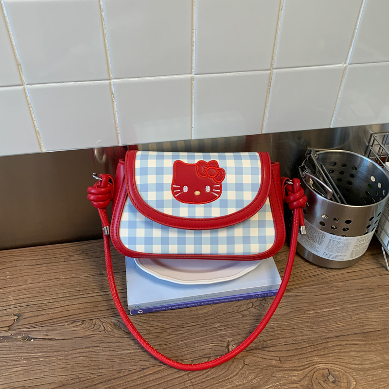 Ženska saddle torba od platna s kariranim uzorkom i motivom mačke, kompaktna kvadratna crossbody torba