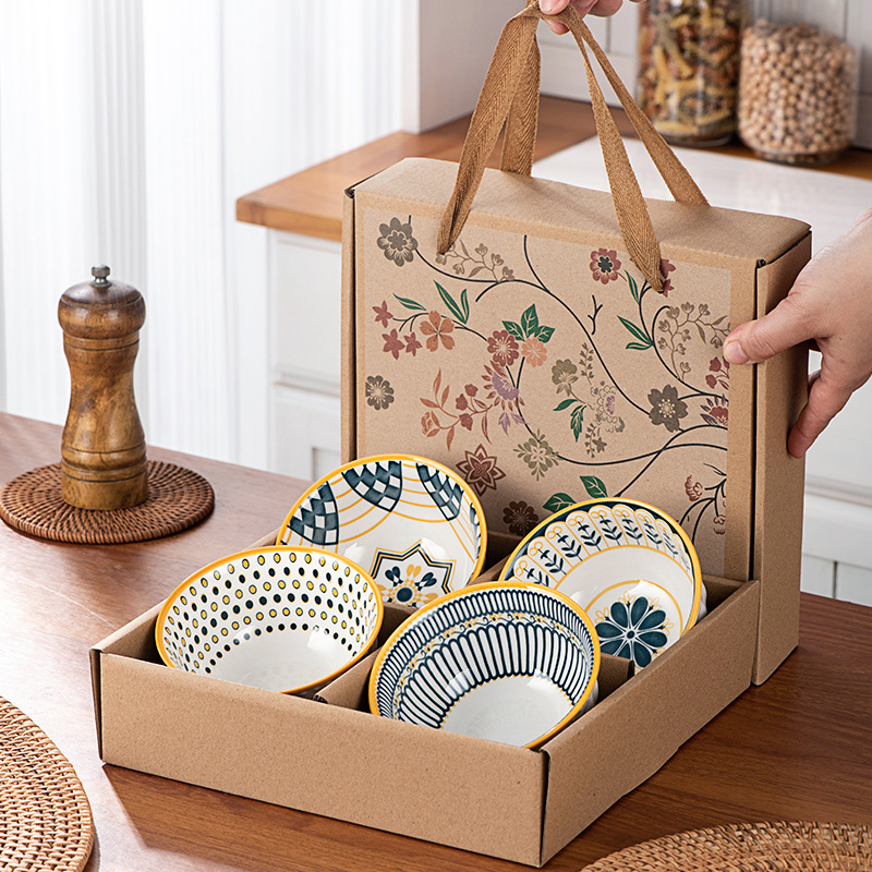 Set ceramic de veselă de masă cu boluri, farfurii și bețișoare într-o cutie cadou; logo personalizat; compatibil cu cuptorul cu microunde; stil nordic; finisaj sub glazură; ideal pentru petreceri acasă, inaugurări, nunți și zile de naștere
