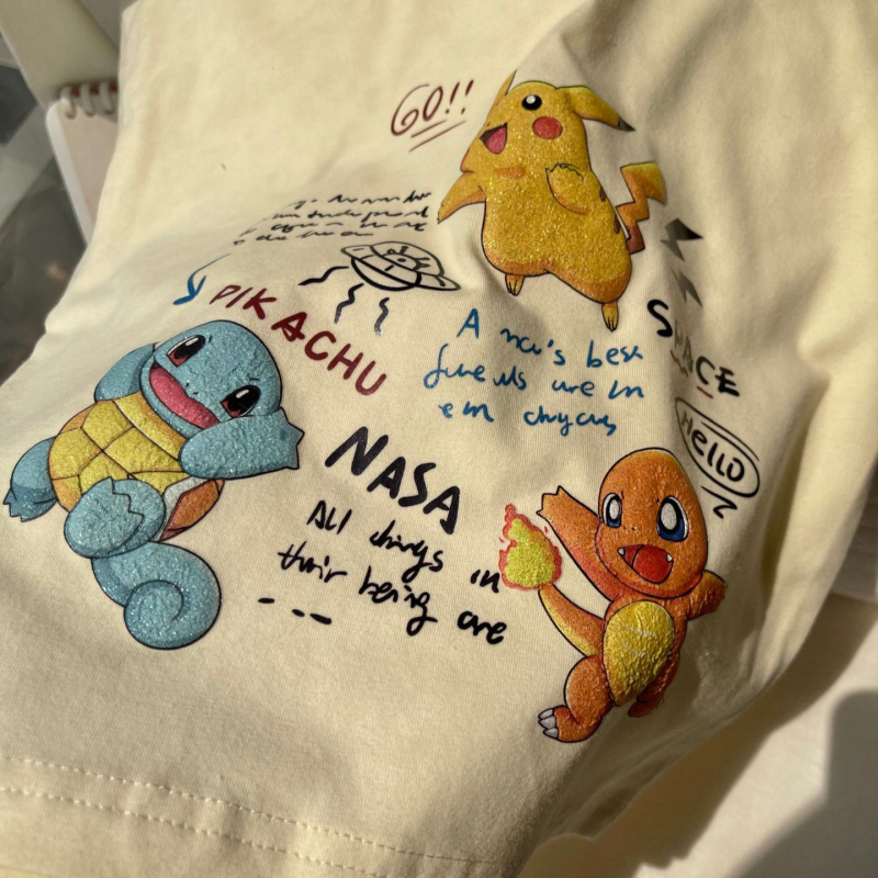 Gyerekeknek nyári rövid ujjú póló, pamut-Lycra, 3D-s karikatúra csillogó mintával, uniszex