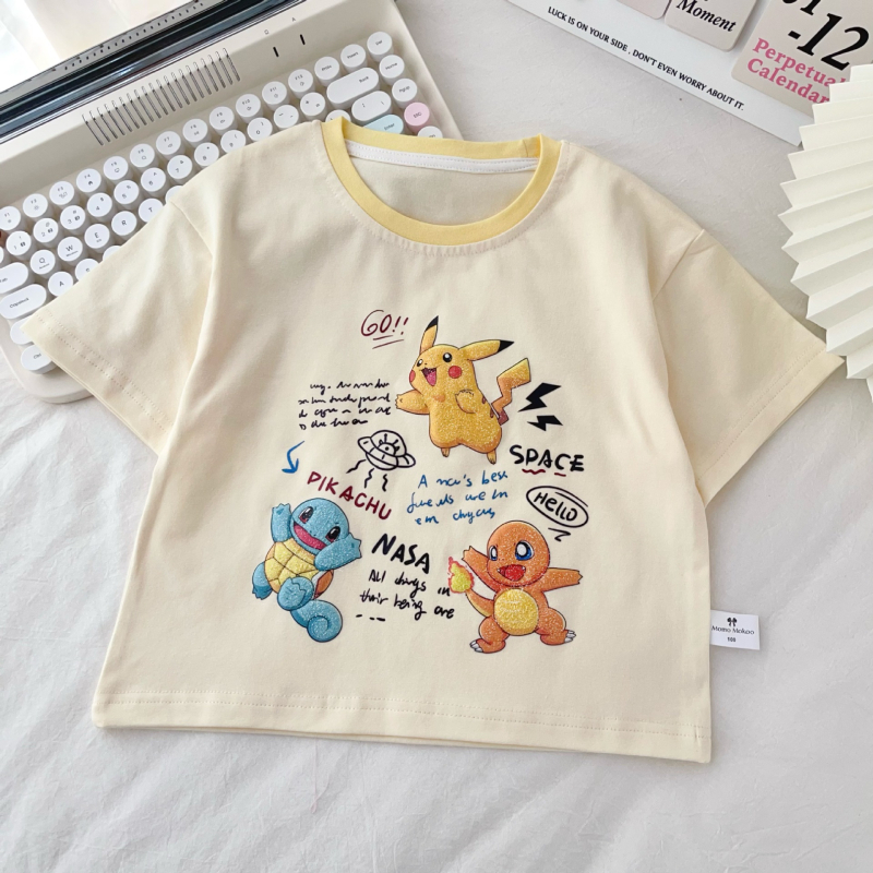 Gyerekeknek nyári rövid ujjú póló, pamut-Lycra, 3D-s karikatúra csillogó mintával, uniszex
