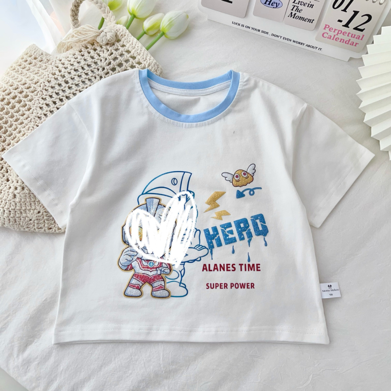 Gyerekeknek nyári rövid ujjú póló, pamut-Lycra, 3D-s karikatúra csillogó mintával, uniszex