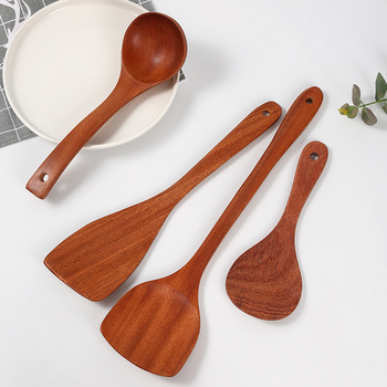 Set de spatule din lemn cu mâner lung pentru gătit: spatulă pentru prăjit, lingură pentru supă și lingură de orez