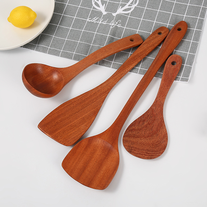 Set de spatule din lemn cu mâner lung pentru gătit: spatulă pentru prăjit, lingură pentru supă și lingură de orez