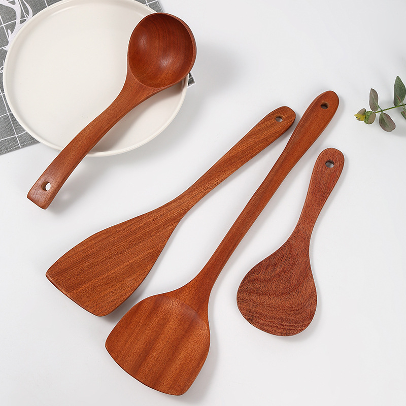 Set de spatule din lemn cu mâner lung pentru gătit: spatulă pentru prăjit, lingură pentru supă și lingură de orez