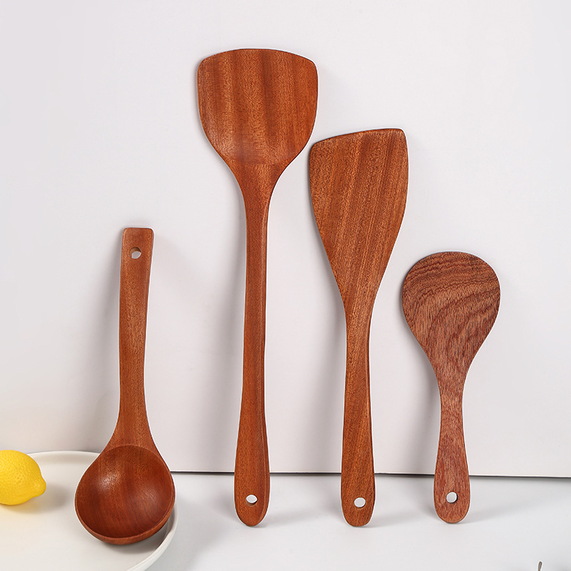 Set de spatule din lemn cu mâner lung pentru gătit: spatulă pentru prăjit, lingură pentru supă și lingură de orez
