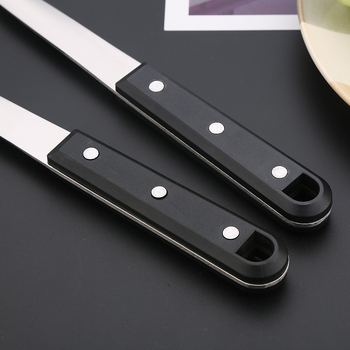 Set de ustensile de bucătărie din oțel inoxidabil, finisaj perla neagră, inclus linguri groase pentru oale și supă, strecurătoare pentru oale fierbinți și spatulă pentru prăjit.
