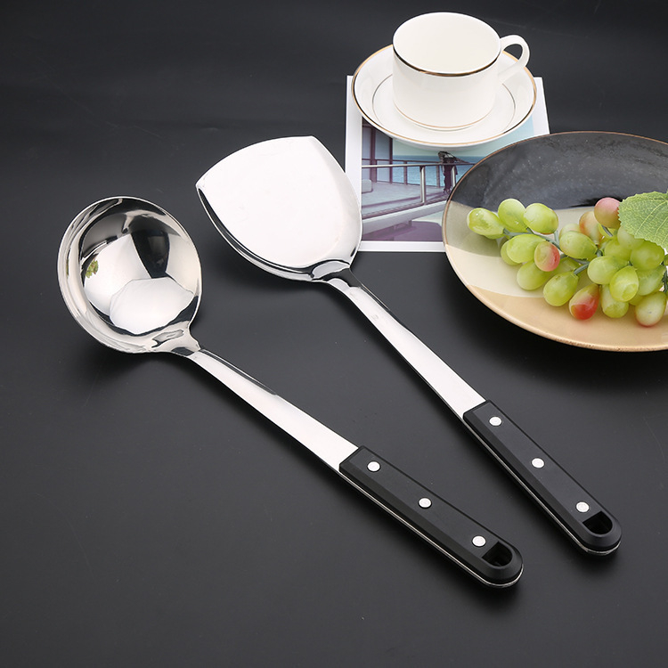 Set de ustensile de bucătărie din oțel inoxidabil, finisaj perla neagră, inclus linguri groase pentru oale și supă, strecurătoare pentru oale fierbinți și spatulă pentru prăjit.