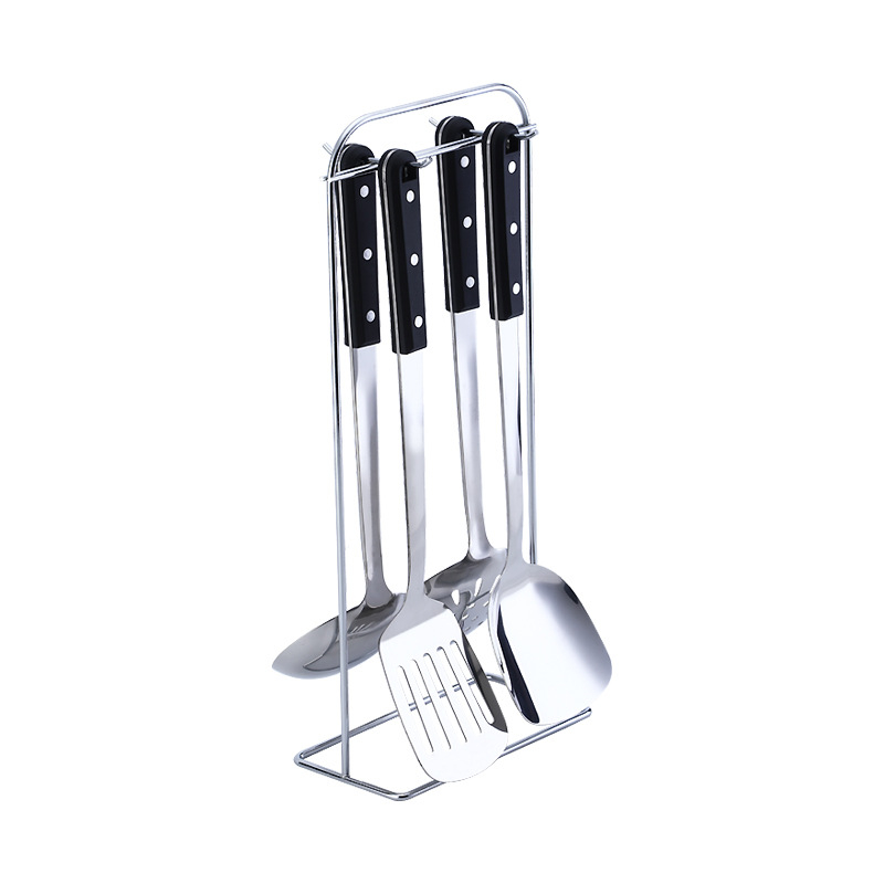 Set de ustensile de bucătărie din oțel inoxidabil, finisaj perla neagră, inclus linguri groase pentru oale și supă, strecurătoare pentru oale fierbinți și spatulă pentru prăjit.