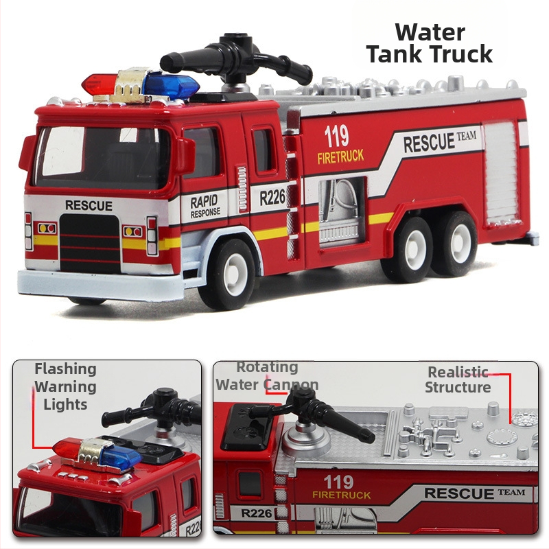 Model hasičského auta zo zliatiny so svetlami a hudbou, ťahací spätný mechanizmus, mierka 1:32, pre deti.