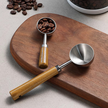 Nouă lingură de măsurare din oțel inoxidabil 430, cu cap rotund, mâner din lemn – ustensilă de bucătărie pentru măsurarea boabelor de cafea și a laptelui pudră