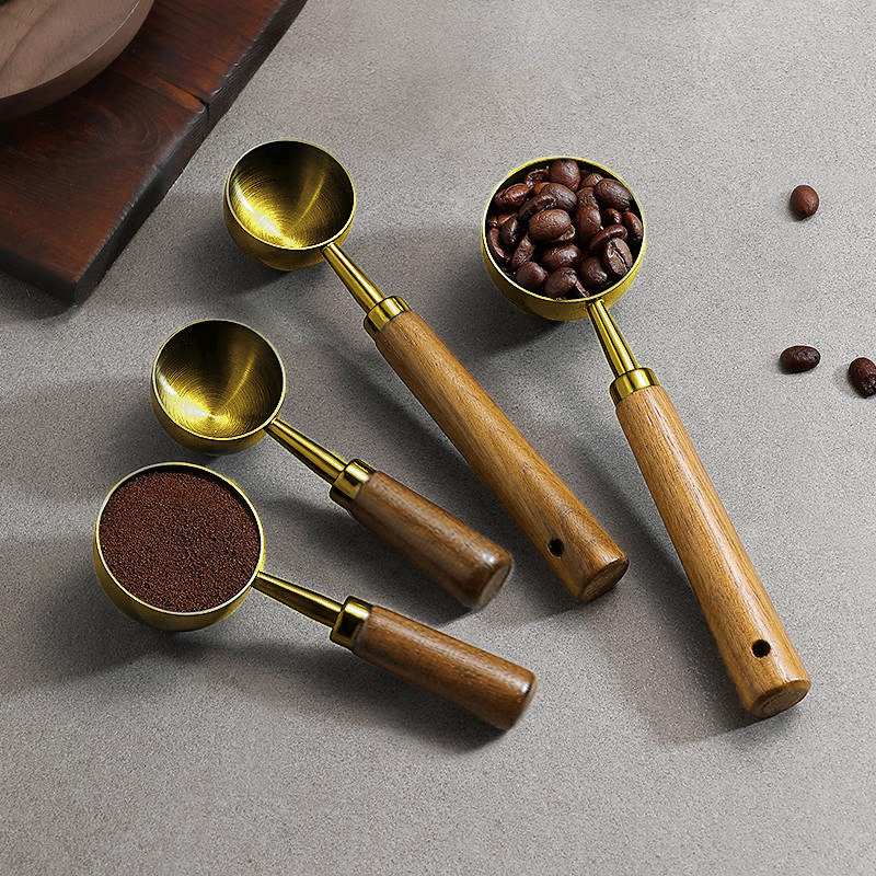Nouă lingură de măsurare din oțel inoxidabil 430, cu cap rotund, mâner din lemn – ustensilă de bucătărie pentru măsurarea boabelor de cafea și a laptelui pudră