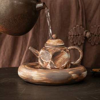 Suport rustic din ceramică pentru ceainic, set de suporturi pentru ceai în stil japonez, tavă vintage pentru economisirea apei și accesorii Gongfu pentru ceai