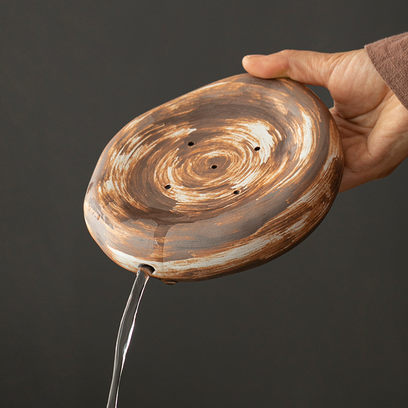 Suport rustic din ceramică pentru ceainic, set de suporturi pentru ceai în stil japonez, tavă vintage pentru economisirea apei și accesorii Gongfu pentru ceai
