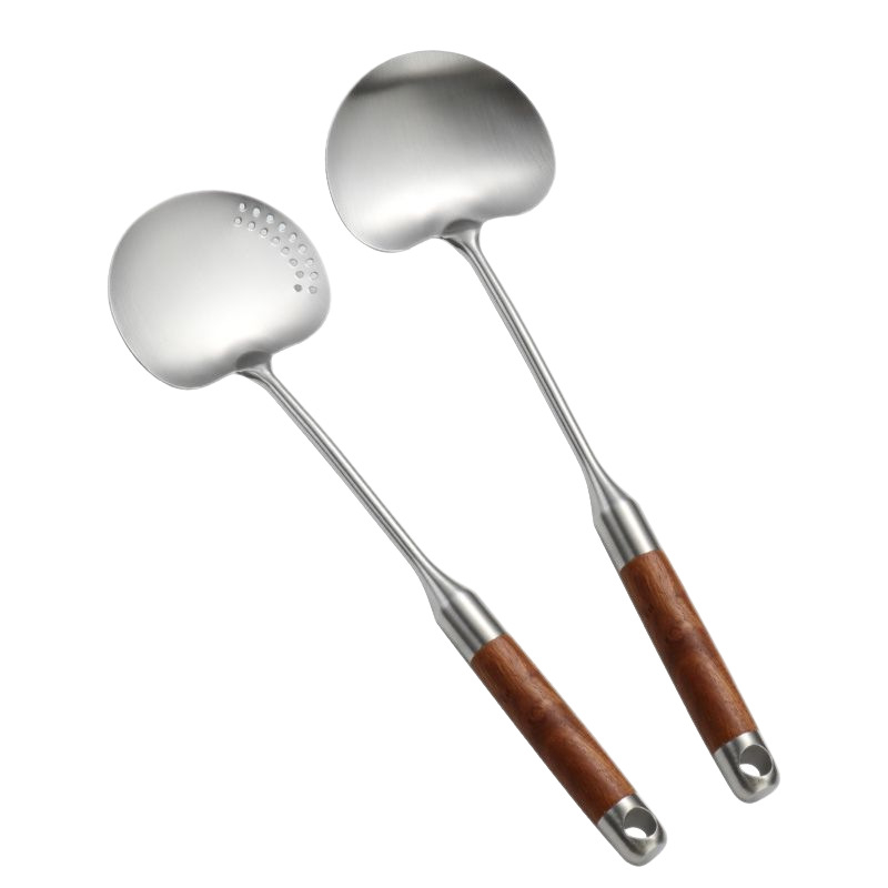 Spatulă de bucătărie din oțel inoxidabil 304, mâner extins din lemn anti-arzire, spatulă cu găuri pentru prăjit