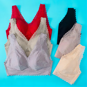 Bežični noćni grudnjak s dubokim V, čipkasti jacquard košarice, latex košarice, podstava od svile mulberry, antibakterijsko, tanak