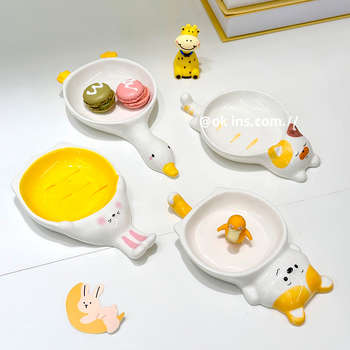 Farfurie ceramică pentru dip în stil Ins, cu model drăguț de animal, pentru uz casnic; farfurie pentru sosuri și dips