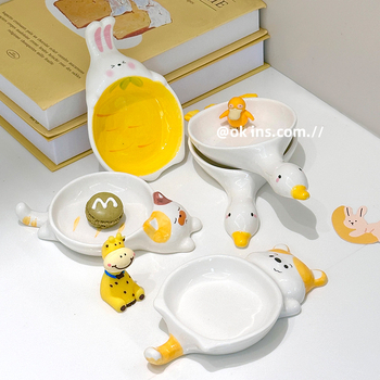 Farfurie ceramică pentru dip în stil Ins, cu model drăguț de animal, pentru uz casnic; farfurie pentru sosuri și dips