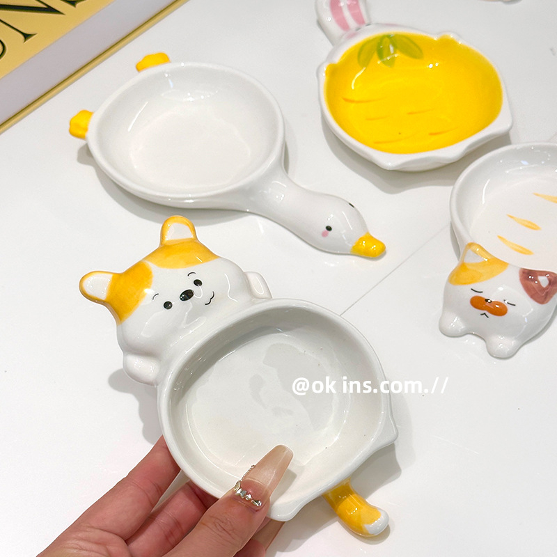 Farfurie ceramică pentru dip în stil Ins, cu model drăguț de animal, pentru uz casnic; farfurie pentru sosuri și dips