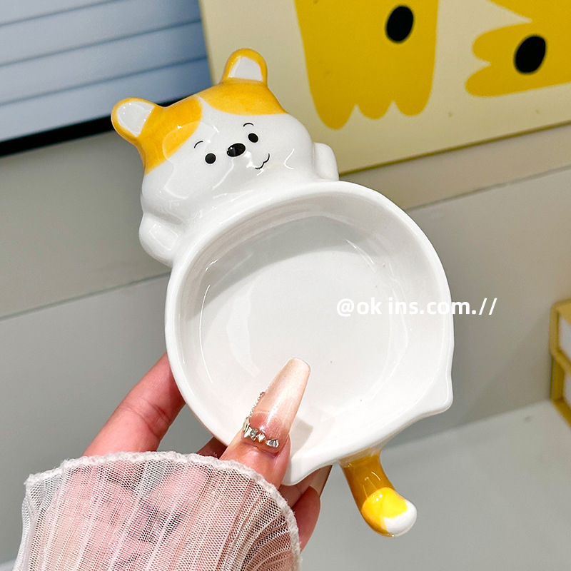 Farfurie ceramică pentru dip în stil Ins, cu model drăguț de animal, pentru uz casnic; farfurie pentru sosuri și dips