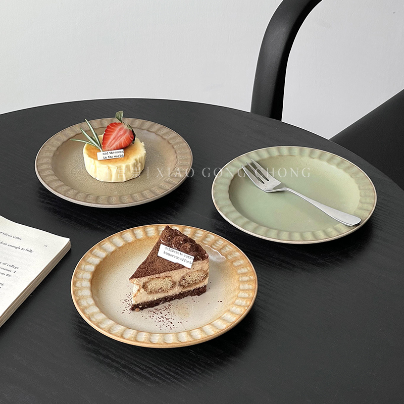 Farfurie decorativă franțuzească retro din ceramică, platou plat pentru prăjituri și gustări, veselă într-o culoare solidă, farfurie elegantă pentru ceaiul de după-amiază