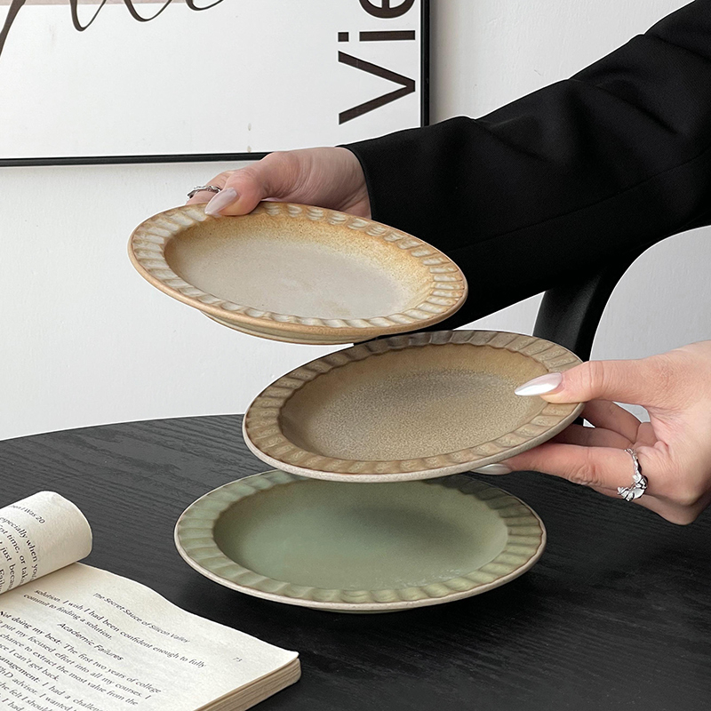 Farfurie decorativă franțuzească retro din ceramică, platou plat pentru prăjituri și gustări, veselă într-o culoare solidă, farfurie elegantă pentru ceaiul de după-amiază