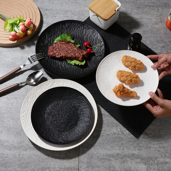 Műanyag tál steakhez és salátához kőmintázatú felülettel, nyugati stílusú vacsora-tányér, japán ihletésű dizájn