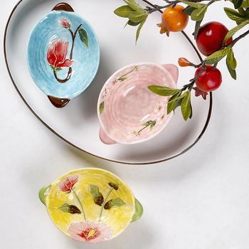 Farfurie ceramică pentru gustări și deserturi, pictură manuală subglazură cu motiv floral, formă neregulată, diametrul 15–16 cm, potrivită pentru cuptor cu microunde.