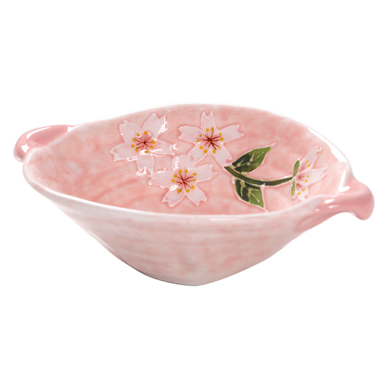 Farfurie ceramică pentru gustări și deserturi, pictură manuală subglazură cu motiv floral, formă neregulată, diametrul 15–16 cm, potrivită pentru cuptor cu microunde.
