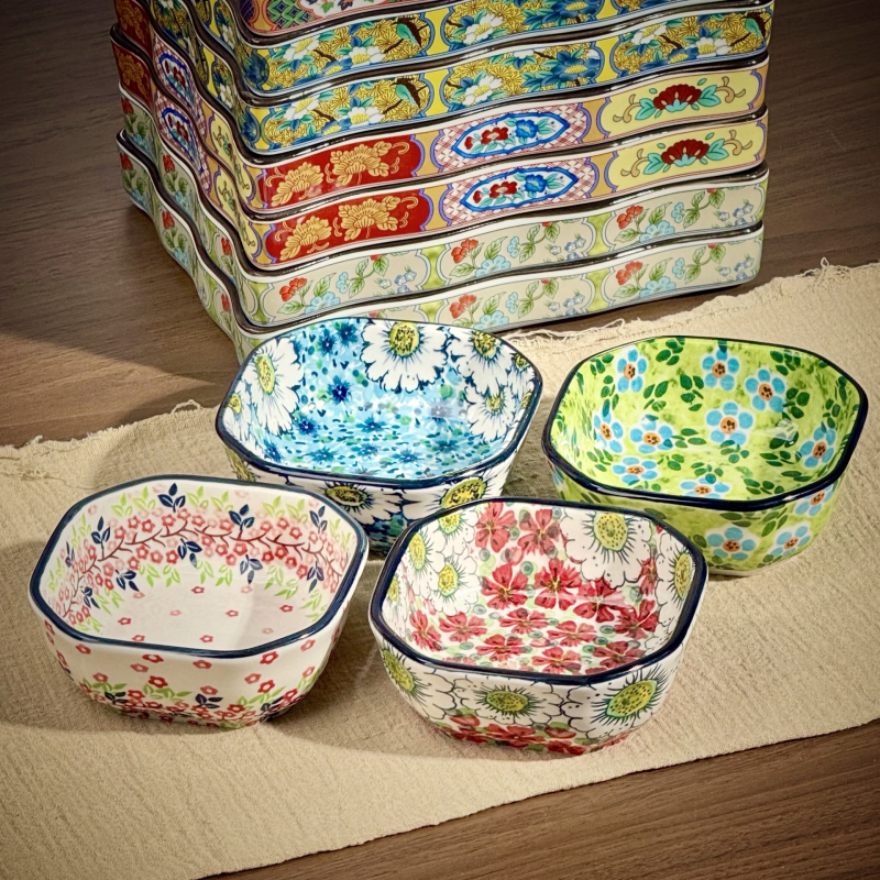 Vas ceramic pătrat Boem, pentru sos de hot pot, farfurie mică cu culoare sub glazură, veselă de masă creativă