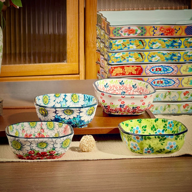 Vas ceramic pătrat Boem, pentru sos de hot pot, farfurie mică cu culoare sub glazură, veselă de masă creativă