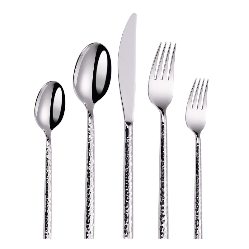 Set de tacâmuri din oțel inoxidabil 304, cu vârf ciocănit, cuțit pentru steak, furculiță și lingură, 3 piese