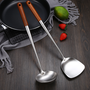 Set din oțel inoxidabil pentru prăjit, cu lingură de prăjit și spatulă, mânere din lemn rosewood