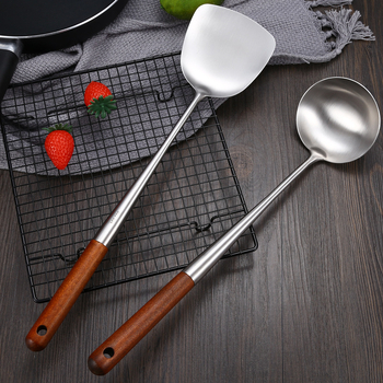 Set din oțel inoxidabil pentru prăjit, cu lingură de prăjit și spatulă, mânere din lemn rosewood