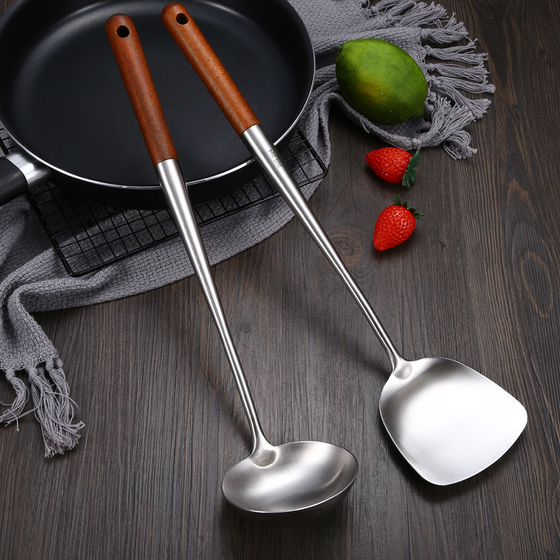 Set din oțel inoxidabil pentru prăjit, cu lingură de prăjit și spatulă, mânere din lemn rosewood