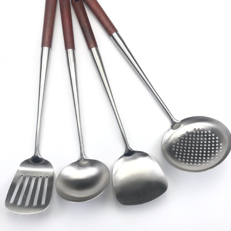 Set din oțel inoxidabil pentru prăjit, cu lingură de prăjit și spatulă, mânere din lemn rosewood