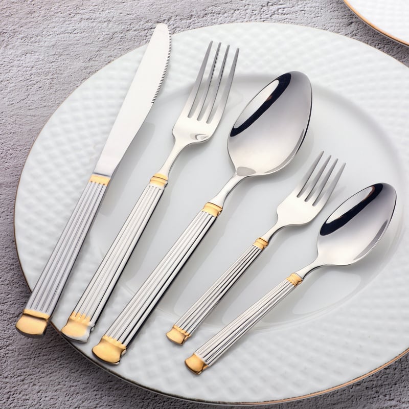 Tacâmuri din oțel inoxidabil, cu design de coloană romană, set de 5 piese (cuțit, furculiță și lingură), pentru uz casnic și hotelier
