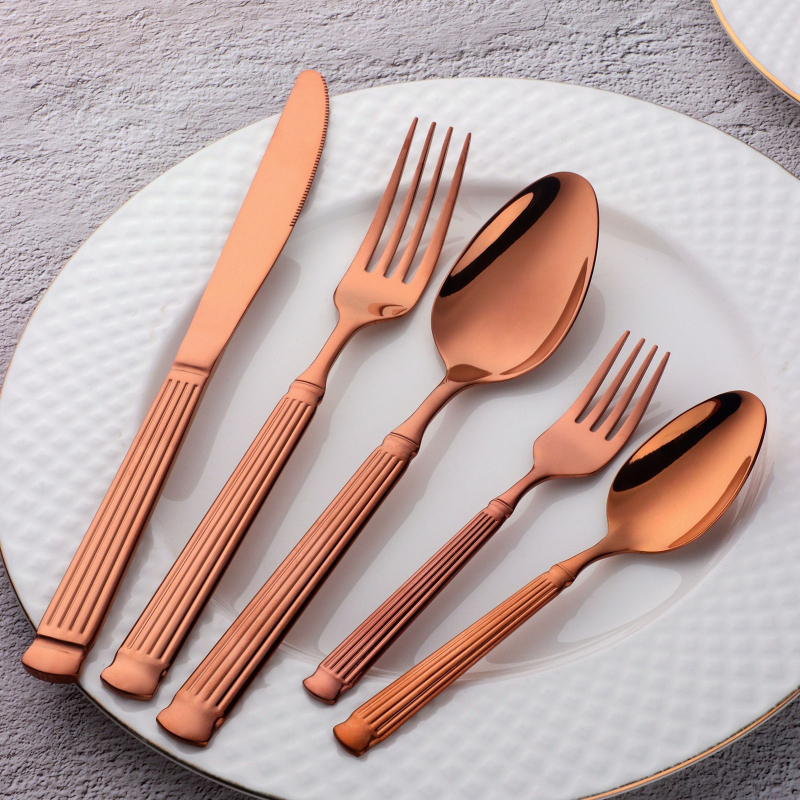 Tacâmuri din oțel inoxidabil, cu design de coloană romană, set de 5 piese (cuțit, furculiță și lingură), pentru uz casnic și hotelier